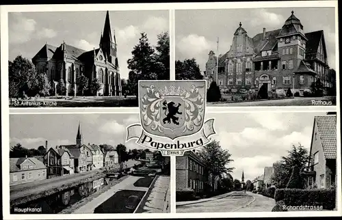 Wappen Ak Papenburg im Emsland, Richardstraße, Rathaus, St. Antonius Kirche, Hauptkanal