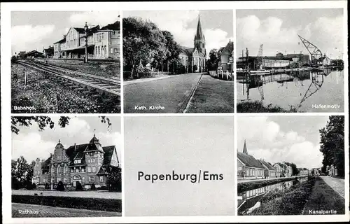 Ak Papenburg im Emsland, Bahnhof, Gleisseite, Rathaus, Kanalpartie, Hafenmotiv, Kath. Kirche