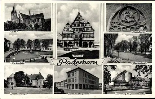 Ak Paderborn in Westfalen, Rathaus, Jesuitenkirche, Jugendherberge, Amtsgericht, Dom, Hasenfenster