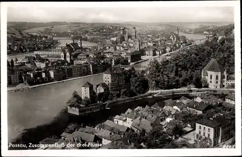 Ak Passau in Niederbayern, Zusammenfluss der drei Flüsse, Donau, Inn, Ilz