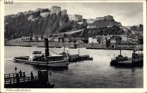 Ak Ehrenbreitstein Koblenz am Rhein, Rheinblick mit Dampfer und Pontons