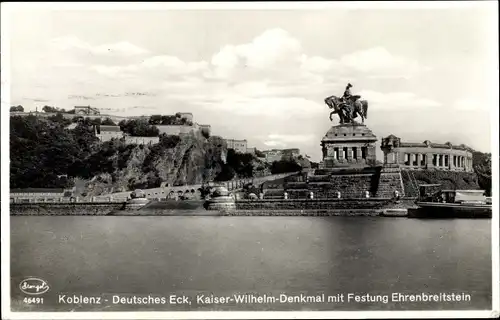 Ak Koblenz am Rhein, Ehrenbreitstein, Deutschen Eck, Kaiser Wilhelm Denkmal