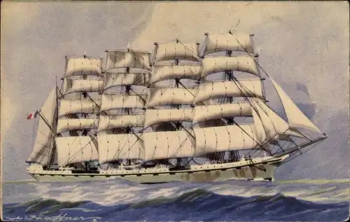 Künstler Ak Haffner, Cinq Mats barque La France, Segelschiff, Fünfmaster, Ligue Maritime & Coloniale