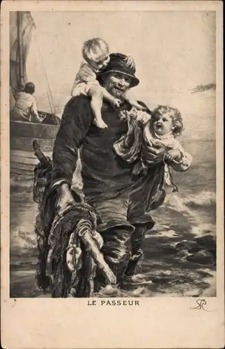 Künstler Ak Le Passeur, Seemann, Fischer mit seinen Kindern