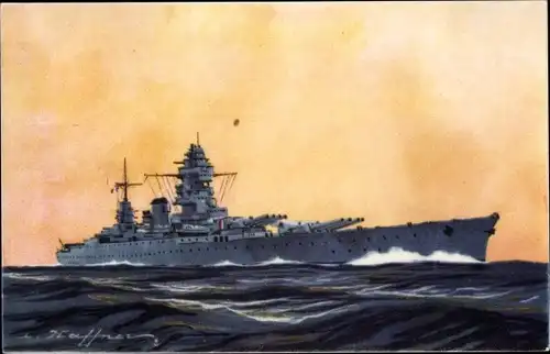 Künstler Ak Haffner, Cuirassé Dunkerque, französ. Kriegsschiff, Ligue Maritime et Coloniale