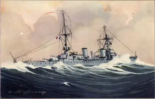 Künstler Ak Haffner, Cuirassé 1re cl. Duquesne, französ. Kriegsschiff, Ligue Maritime et Coloniale