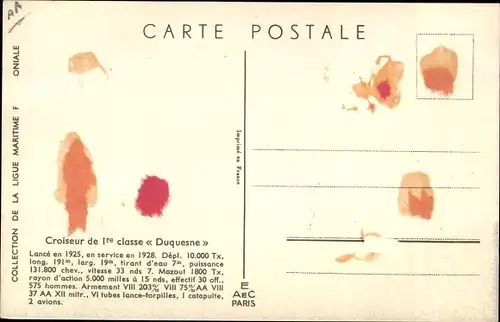 Künstler Ak Haffner, Cuirassé 1re cl. Duquesne, französ. Kriegsschiff, Ligue Maritime et Coloniale