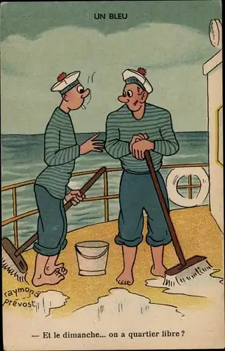 Künstler Ak Raymond Prevost, Un Bleu, Et le dimanche, on a quartier libre