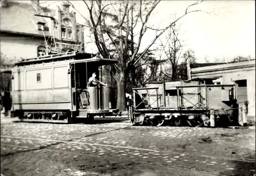 Ak Arbeitswagen 30 im Betriebshof Berliner Straße, 1930, 75 Jahre Cottbuser Straßenbahn