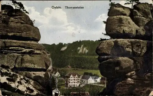 Ak Oybin in Sachsen, Blick von den Thomassteinen auf den Ort