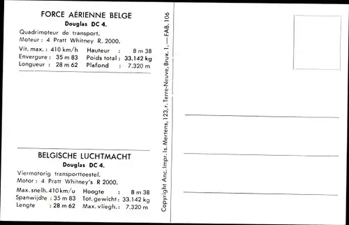 Ak Force Aerienne Belge, Belgische Luchtmacht, Douglas DC 4, Transportflugzeug