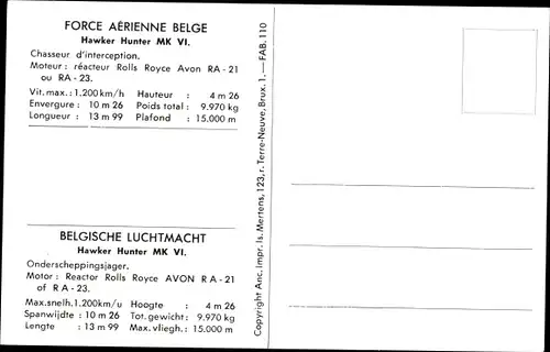 Ak Force Aerienne Belge, Belgische Luchtmacht, Hawker Hunter MK VI, Abfangjäger