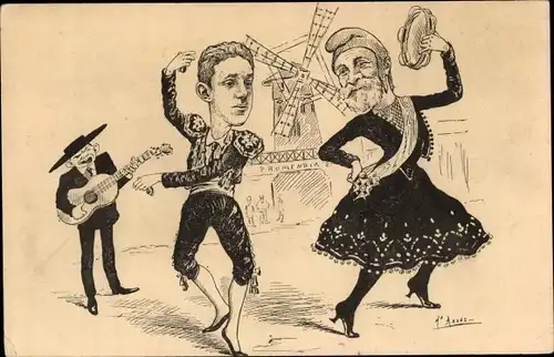 Künstler Ak Karikatur, Alfonso XIII, König Alfons XIII. von Spanien, französ. Präsident Émile Loubet