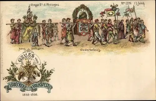 Litho Hansestadt Lübeck, Lübecker Volksfest, Festzug, Gewerbefleiß, Anno 1226