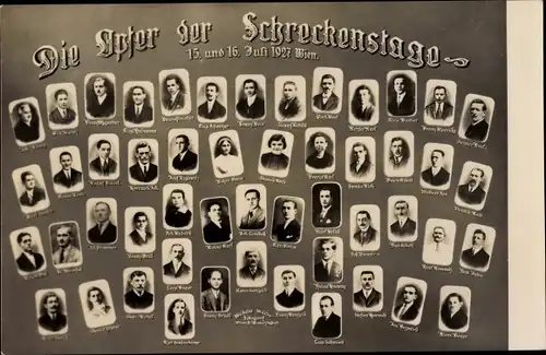 Ak Wien, Julirevolte, Brand des Justizpalastes, Opfer der Schreckenstage 15. u. 16. Juli 1927