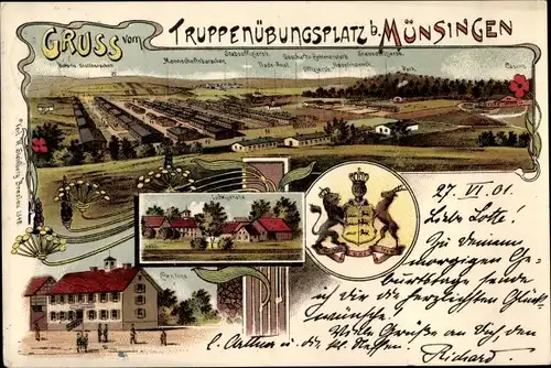 Litho Münsingen in Württemberg, Truppenübungsplatz, Kantine, Baracken, Wappen