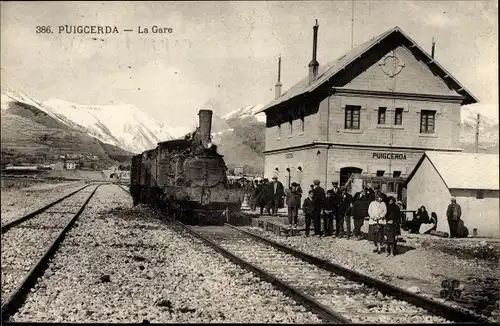 Ak Puigcerda Katalonien, La Gare, Bahnhof, Dampflokomotive