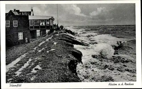 Ak Husum in Nordfriesland, Sturmflut am Seedeich