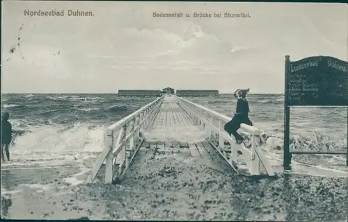 Ak Nordseebad Duhnen Cuxhaven, Badeanstalt, Brücke bei Sturmflut