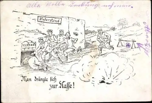 Ak Man drängle sich zur Kasse, Soldaten vor dem Unterstand, Geschützeinschlag, 1. WK
