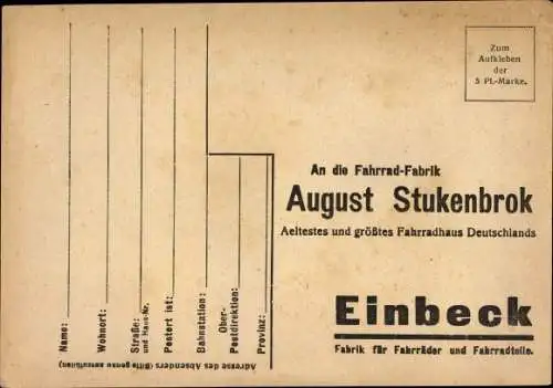 Ak Einbeck in Niedersachsen, Fahrrad Fabrik August Stukenbrok, Bestellkarte