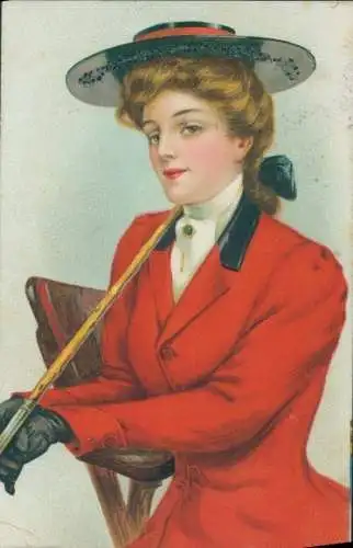 Künstler Ak Frauenportrait, Dame in Reitkleidung, Hut, Gerte