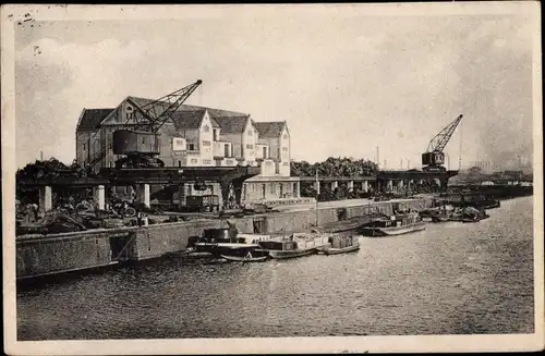 Ak Gelsenkirchen im Ruhrgebiet, Hafen, Lagerhäuser, Frachtschiffe, Ladekräne