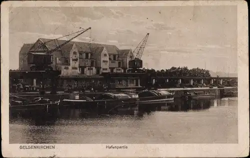 Ak Gelsenkirchen im Ruhrgebiet, Hafen, Lagerhäuser, Frachtschiffe, Ladekräne