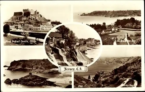 Ak Jersey Kanalinseln, Mont Orguiel Castle, Saint Brelades Bay, Portelet Bay