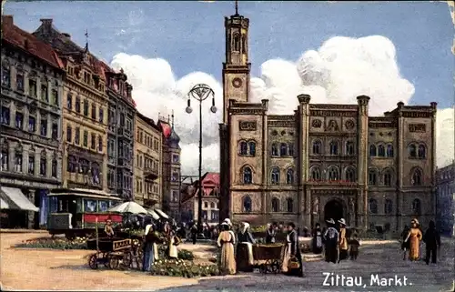 Künstler Ak Zittau in Sachsen, Marktplatz, Stände, Straßenbahn