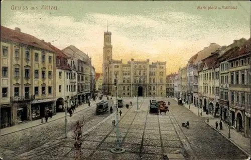 Künstler Ak Zittau in Sachsen, Marktplatz, Rathaus, Straßenbahn