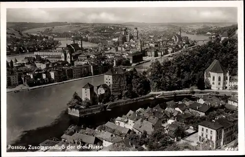 Ak Passau in Niederbayern, Zusammenfluss der drei Flüsse, Donau, Inn, Ilz, Stadtansicht