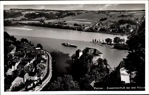 Ak Passau in Niederbayern, Zusammenfluss der drei Flüsse, Donau, Inn, Ilz