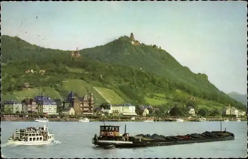 Ak Königswinter am Rhein, Rheindampfer, Frachter, Blick zu Drachenfels und Drachenburg