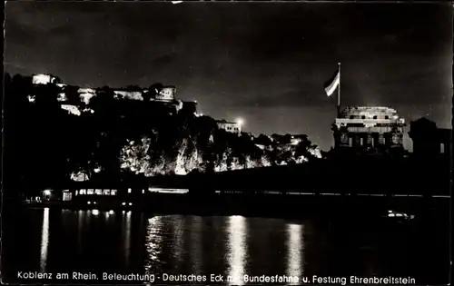 Ak Koblenz am Rhein, Beleuchtung bei Nacht, Deutsches Eck, Bundesfahne, Festung Ehrenbreitstein