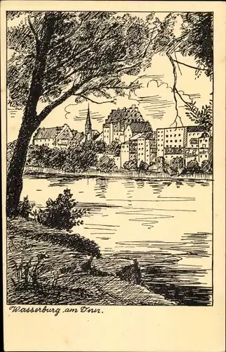 Künstler Ak Wasserburg am Inn in Oberbayern, Stadt vom Ufer aus gesehen