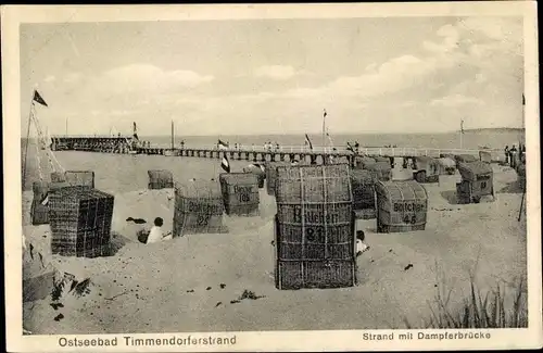 Ak Ostseebad Timmendorfer Strand, Strand mit Dampferbrücke