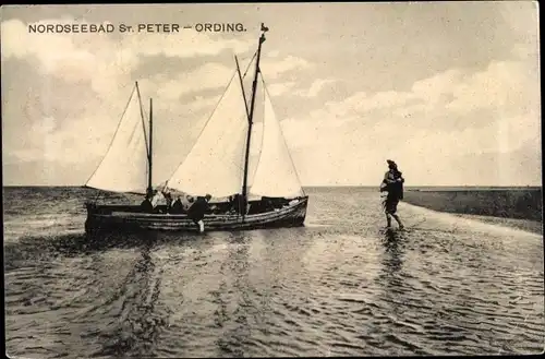 Ak Nordseebad Sankt Peter Ording, Segelboot am Ufer