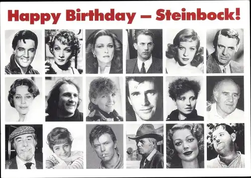 Ak Sternzeichen Steinbock, Schauspieler, Elvis Presley, Oliver Hardy, Marlene Dietrich,Loretta Young