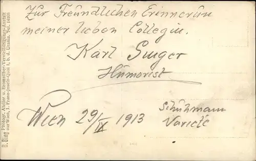 Foto Ak Humorist Karl Singer, Portrait, Autograph, Wien 1913, Schuhmann Variete