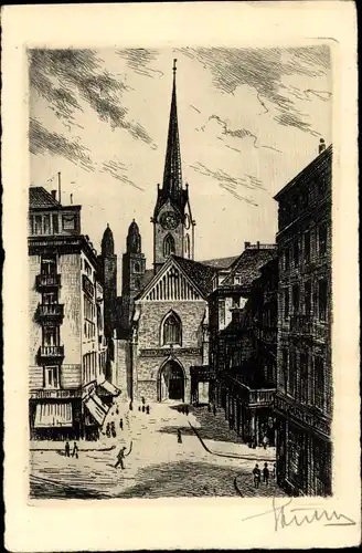 Künstler Ak Zürich Stadt Schweiz, Poststraße, Kirche