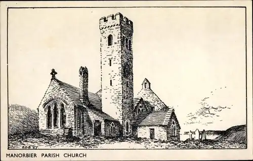 Künstler Ak Manorbier Wales, Parish Church