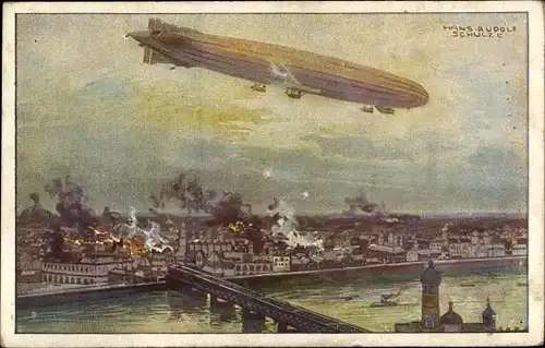 Künstler Ak Schulze, Hans Rudolf, Zeppelin, Luftschiff Schütte Lanz, Warschau bombardierend, I. WK