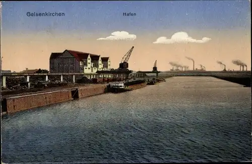 Ak Gelsenkirchen im Ruhrgebiet, Hafen, Lagerhäuser, Frachtschiffe, Ladekräne