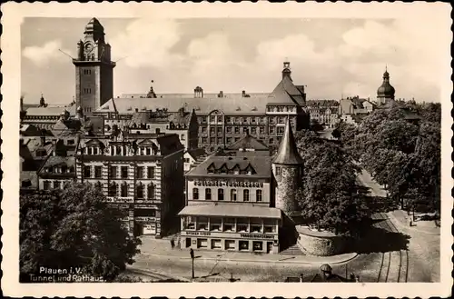 Ak Plauen im Vogtland, Blick auf Tunnel und Rathaus, Optiker Sydow, Paulaner Thomasbräu