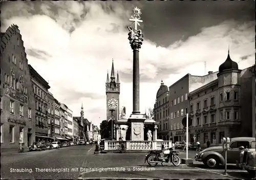 Ak Straubing an der Donau Niederbayern, Theresienplatz, Dreifaltigkeitssäule, Stadtturm, Sparkasse