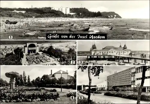 Ak Insel Usedom, Strand Ahlbeck, Musikpavillon Bansin, Seebrücke, Kurpark, FDGB Feriendienst