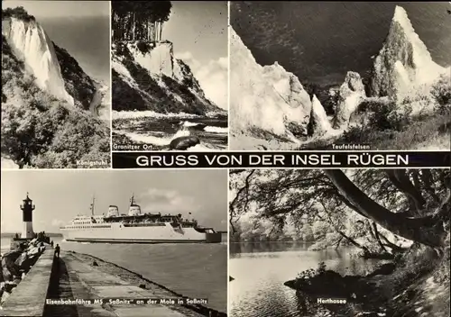 Ak Sassnitz auf Rügen, Eisenbahnfähre MS "Saßnitz", Königsstuhl, Teufelsfelsen, Herthasee