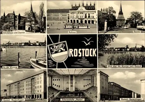 Ak Hansestadt Rostock, Rathaus, Steintor, Schwimmhalle Neptun, Ständehaus, Straßenbahn