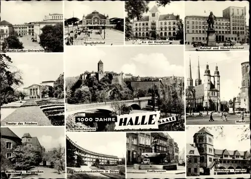 Ak Halle an der Saale, Post, Universität, Moritzburg, Hauptbahnhof, Theater des Friedens,Krankenhaus